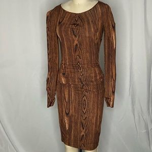 BCBG bodycon wood print ruched mini dress